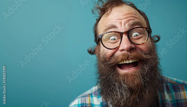 Fototapeta Quirky Man with Thick Beard and Glasses Laughing Joyously on a Teal Background

