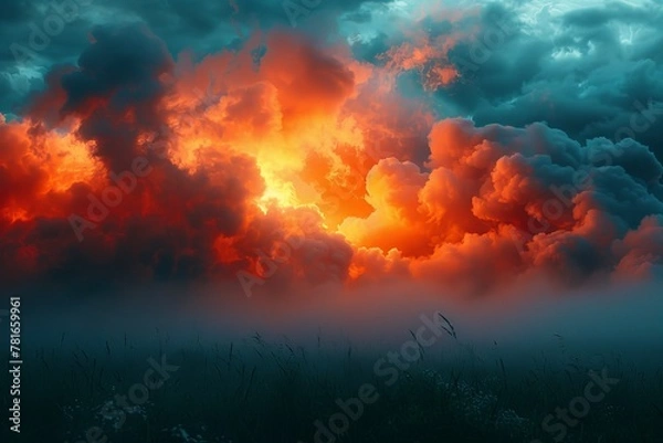 Fototapeta The image portrays an intense sunset scene with vibrant orange clouds contrasting against a dark, moody sky
