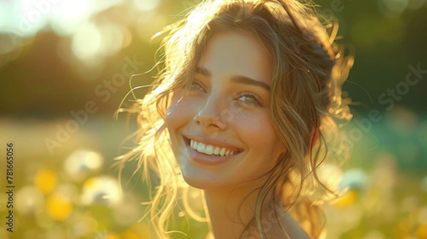 Obraz Close up side portrait of beautiful confident woman laughing in nature.