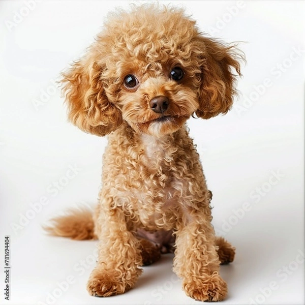 Obraz 首を傾げる茶色のトイプードル(正面,白背景,背景無し,全身)-生成AI