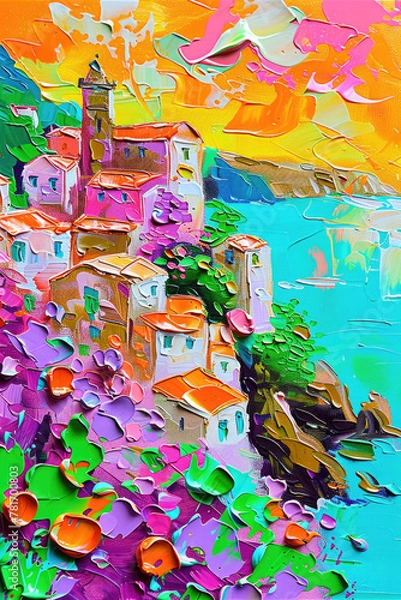 Fototapeta Amalfi Coast vibrant impasto oil and brushstroke painting with splashes of orange, pink and green neon. Palette knife, illustration made with Generative Ai