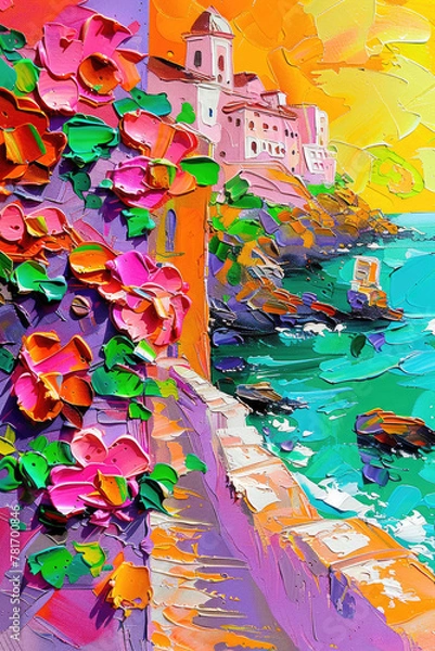 Fototapeta Amalfi Coast vibrant impasto oil and brushstroke painting with splashes of orange, pink and green neon. Palette knife, illustration made with Generative Ai