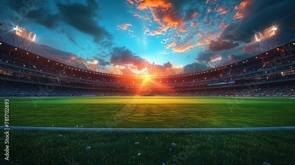 Fototapeta Panoramic highdefinition image of a cricket stadium showing the contrast between daylight and evening atmosphere under stadium lights. Concept Cricket Stadium, Daylight vs Evening