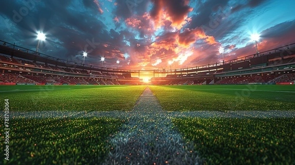 Fototapeta Panoramic highdefinition image of a cricket stadium showing the contrast between daylight and evening atmosphere under stadium lights. Concept Cricket Stadium, Daylight vs Evening