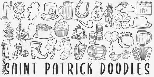 Obraz Saint Patrick doodle icon set. Ireland Holidays Vector illustration collection. Banner Hand drawn Line art style.