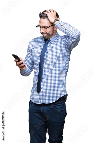 Fototapeta Young business man using smartphone over isolated background stressed with hand on head, shocked with shame and surprise face, angry and frustrated. Fear and upset for mistake.