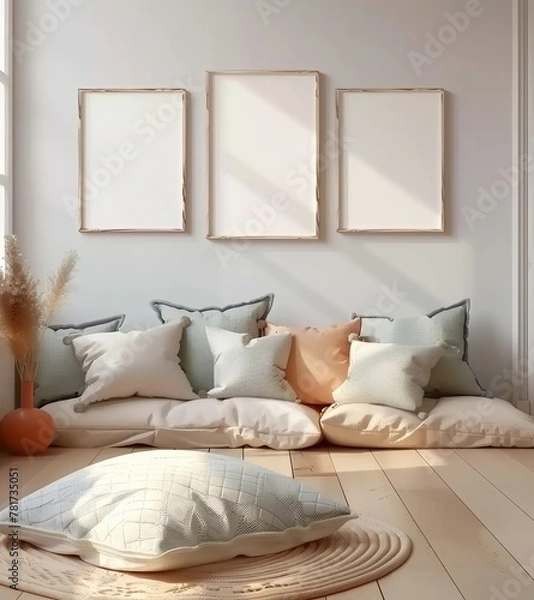 Fototapeta Mock-up frame set in children's room with natural wooden furniture, 3D render. Made with generative AI technology