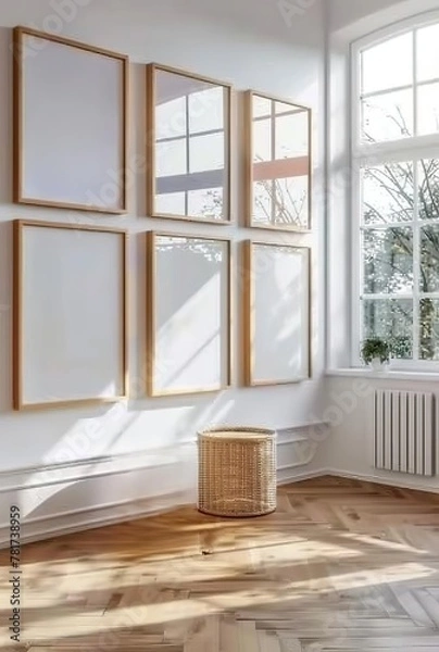 Fototapeta Mock-up frame set in home interior background, 3D render. Made with generative AI technology