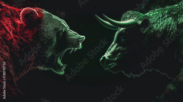 Fototapeta a bear and a bull against a dark backdrop. A stock market, with green and red hues