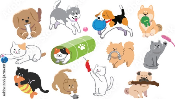 Obraz おもちゃで遊ぶ犬と猫のイラストセット