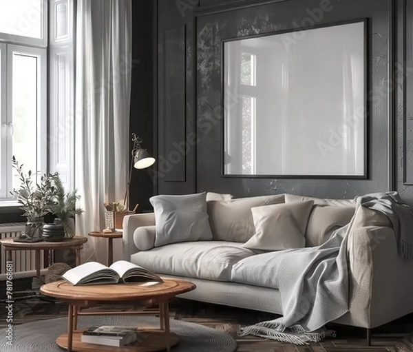 Fototapeta Mockup frame set in modern dark living room interior. Presented in 3D render. Made with generative AI technology