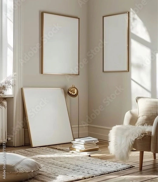 Fototapeta Mockup frame set in modern home interior background, 3d render. Made with generative AI technology