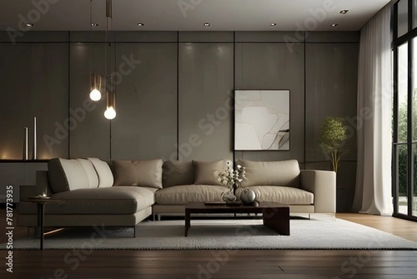 Fototapeta Interior of living room with sofa rendering Generative AI
