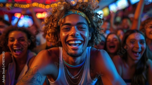 Fototapeta Group of young friends watching a football match on TV together and cheering for their team.