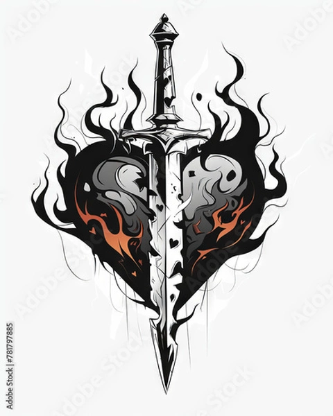 Fototapeta Burning heart with a dagger in the middle tattoo design
