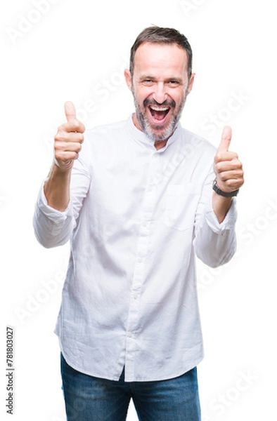 Fototapeta Middle age hoary senior man over isolated background success sign doing positive gesture with hand, thumbs up smiling and happy. Looking at the camera with cheerful expression, winner gesture.