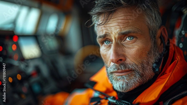 Obraz handsome middle aged male paramedic talking by portable radio while sitting in ambulance.