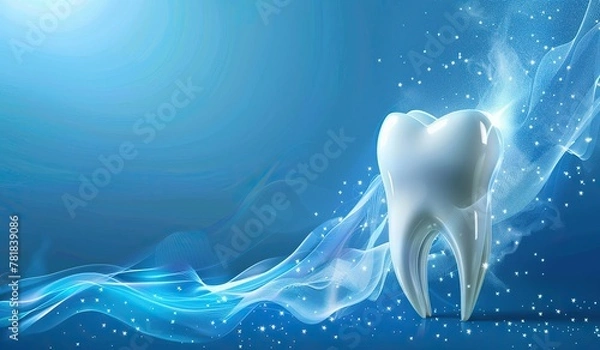 Obraz Sparkling clean tooth with blue dynamic waves on a dreamy background