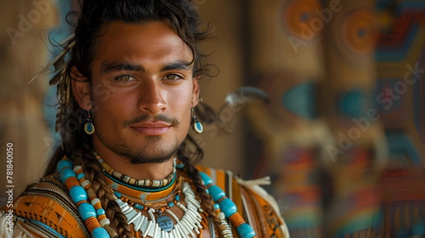 Obraz Stoic Portrait of Native American Man in Ceremonial Garb
