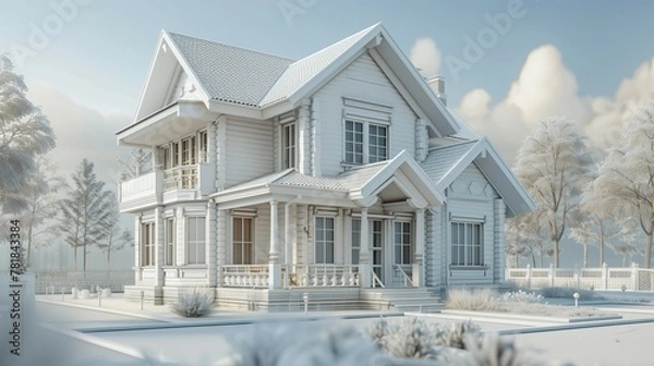 Fototapeta Create a detailed 3D view of a house model, highlighting its architectural features and design.  