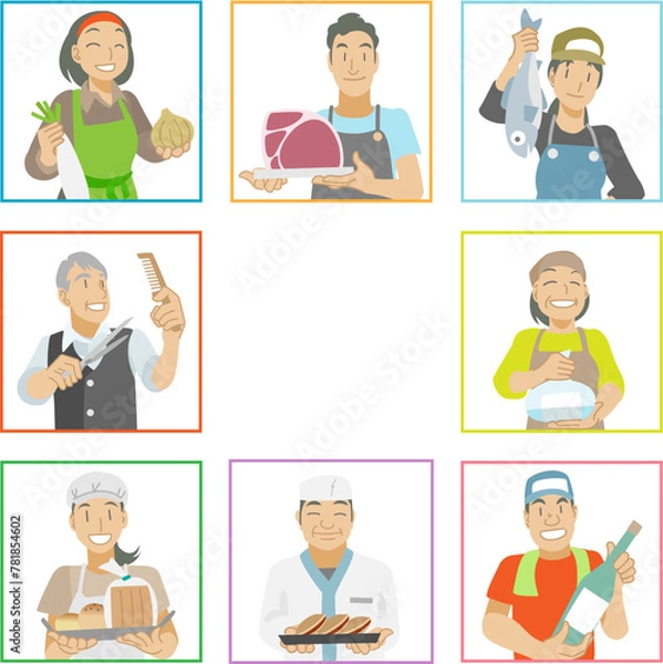 Obraz 商店街で働く人々のイラスト