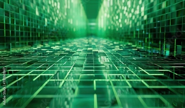 Fototapeta Futuristic digital grid landscape in green hues