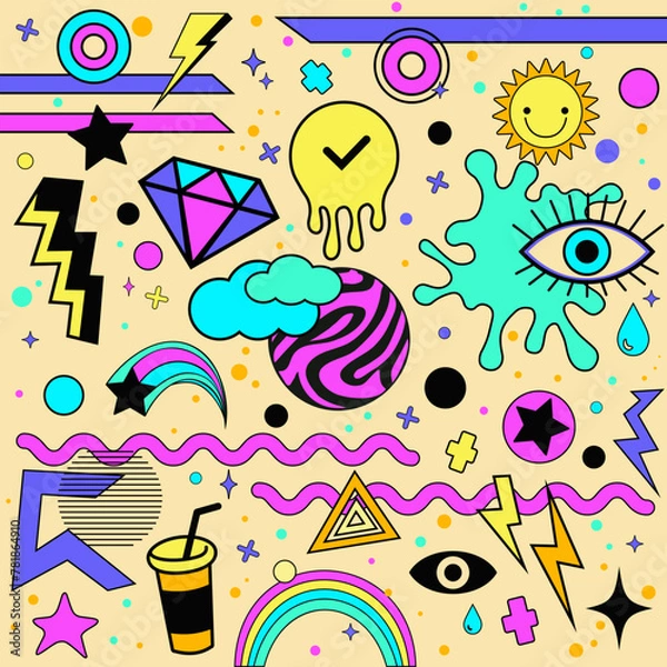 Fototapeta Psychedelic background with geometric shapes surreal elements abstract symbols and signs