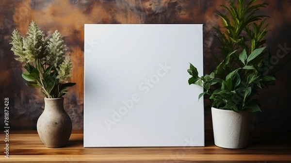 Fototapeta  branding notice board mockup on a wooden table with white empty paper copy space for edits 