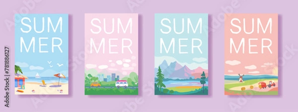 Fototapeta Set of summer travel and vacation posters. Landscapes of sea resorts, mountains and fields. Road with trees and transport near the city. Template for poster, web page or banner. Flat vector