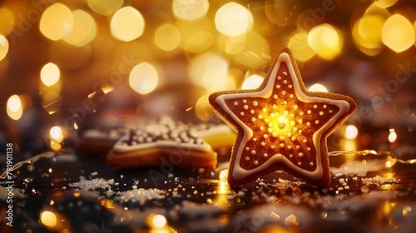 Fototapeta A warm, glowing Christmas star-shaped cookie on a festive background with bokeh lights.