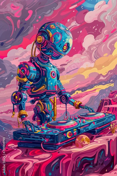 Fototapeta A robot is playing a DJ set on a colorful background