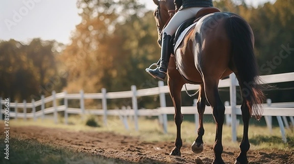 Fototapeta The beginning of a riding lesson at the equestrian school. Banner with space for text and copy space where on one side stands a horse with a rider