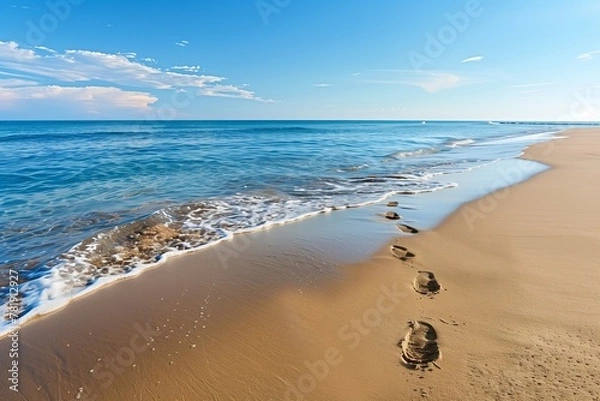 Fototapeta peaceful beach vista with footprints washing away in gentle surf