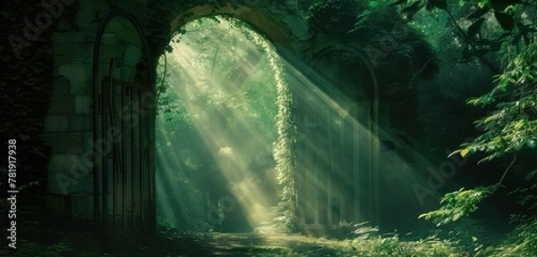 Fototapeta Mystical Sunlight Streaming Through Forest Archway