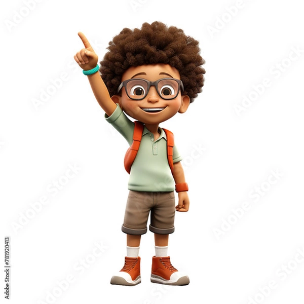 Fototapeta Afro boy pointing with index finger, 3D style, isolated on blank background.