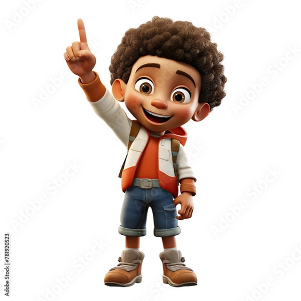 Fototapeta Afro boy pointing with index finger, 3D style, isolated on blank background.