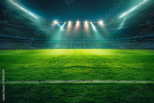 Fototapeta Football stadium arena for match with spotlight. Soccer sport background, green grass field for competition champion match.
