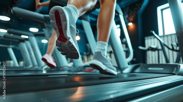 Fototapeta Close-Up cardio workout of Legs Running on Treadmill in Modern Fitness Gym