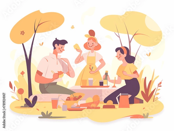 Fototapeta 돗자리를 깔고 소풍을 즐기는 가족, 소녀들. 가족 여행. 