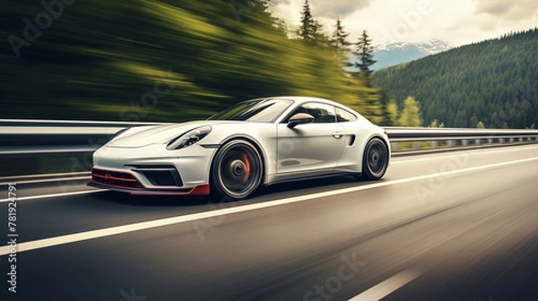 Fototapeta Silver Streak: A White Supercar Blazes a Hypnotic Path Down the Autobahn