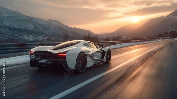 Fototapeta Autobahn Angel: A White Supercar Dances Across the Highway in a Blur of Grace