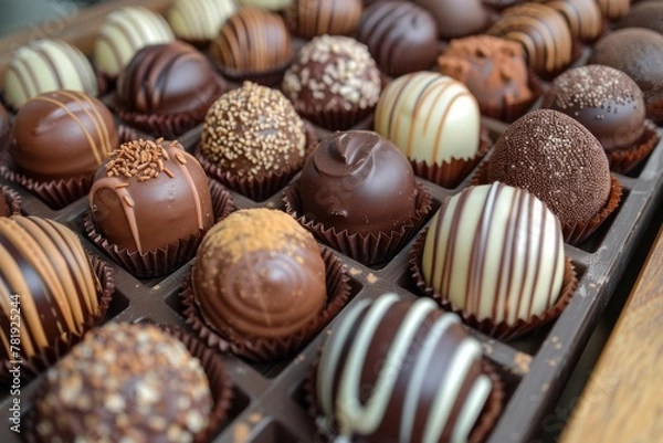 Fototapeta An assortment of luxurious chocolate pralines displayed in an elegant gift box, perfect for chocolate lovers