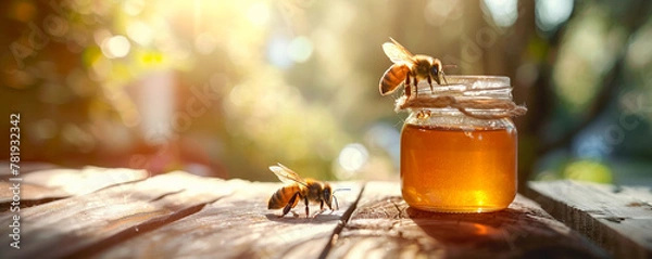 Fototapeta Macro shot of bee in the honey jar on wooden table