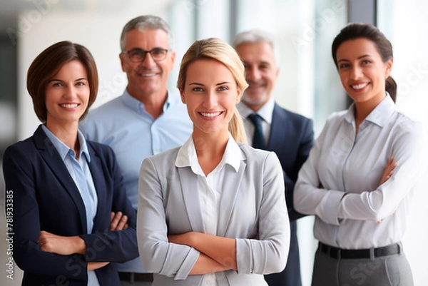 Fototapeta A group of professional business team members, featuring diverse adults in formal attire, confidently posing in a modern office environment.