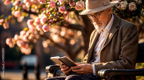 Obraz An adult man between 50 and 60 years old is sitting on a bench in a spring blooming park, absorbed in reading a book.