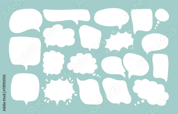 Fototapeta Set white speech bubbles isolated on blue background. Hand drawn different doodle talk balloons with grunge crayon texture. Empty thought and text clouds. Chat communication sign.