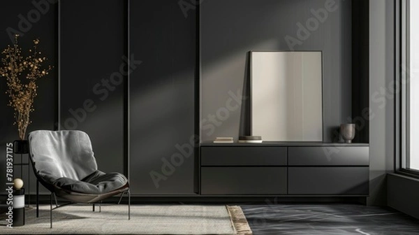 Fototapeta Modern Black Armchair in Minimalist Interior