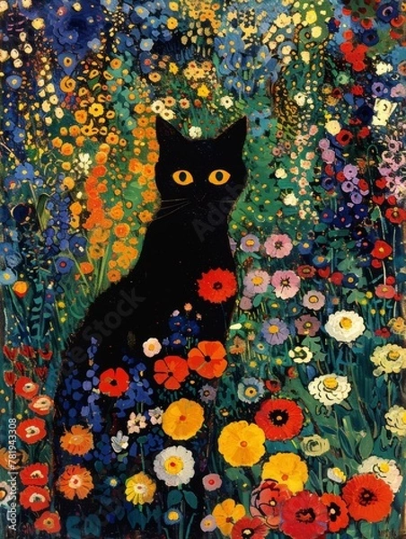 Fototapeta A black cat is sitting in a field of flowers. The cat is looking at the camera with its eyes wide open. The flowers are in various colors, including red, yellow, and purple