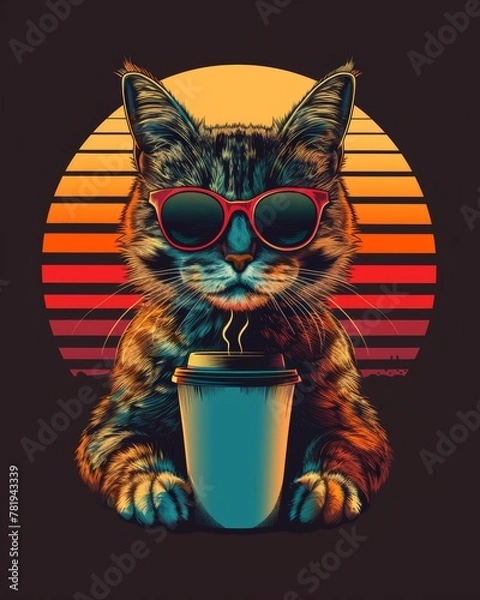 Fototapeta A cat wearing sunglasses and holding a cup of coffee. The cat is sitting on a dark background with a warm orange and red color scheme. The image has a playful and lighthearted mood