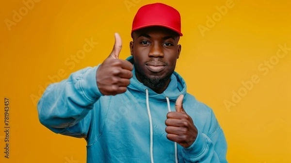 Fototapeta A man wearing a blue hoodie and a red hat is giving a thumbs up. The image has a positive and upbeat mood, as the man is expressing approval or satisfaction